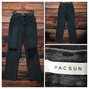 PacSun Jeans 28 Dad High Rise Button Fly Ripped Distressed Washed Black Denim